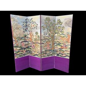 Decorative Four-panel Embroidered Screen, Dating From 1900
