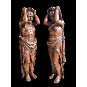 Pair Of Renaissance-style Oak Sculptures/caryatids, Early 19th Century