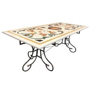 Large Decorative Table With Inlaid Marble Top, 20th Century.