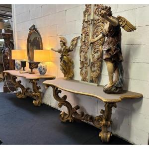Pair Of Large Gilded Wood Consoles, 18th Century Italy.