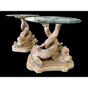 Pair Of Wooden "mythological Fish" Coffee Tables, Late 19th Century.