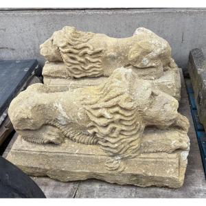 Pair Of 17th-century French Stone "lions Couchés" Sculptures