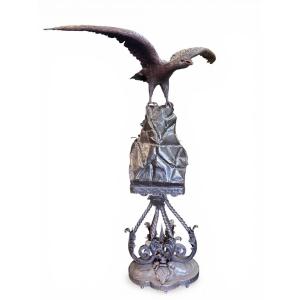 Large Eagle On Rock And Wrought Iron Base, 19th Century ( 200 Cm )