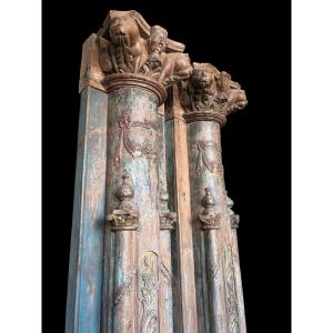 A Pair Of Large Decorative Wooden Columns With Capitals , 19th Century.