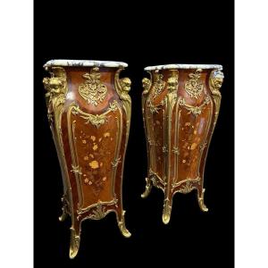 Pair Of Large Marquetry / Bronze Columns In The Louis XV Style, 20th Century.