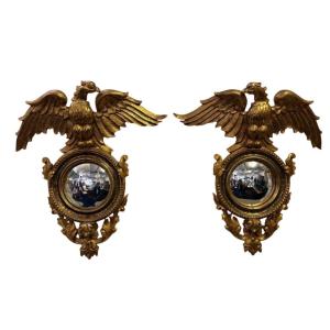 Pair Of Gilded Wood "eagles" Decorative Mirrors, Late 19th Century.