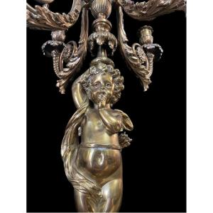 Pair Of Large Bronze Candelabras With Angels 19th C ( 76 Cm )