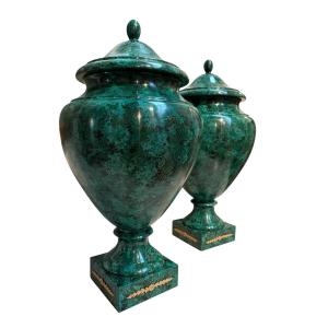 Pair Of Wooden Vases ( 70 Cm ) Painted In Imitation Of Malachite 20thc.