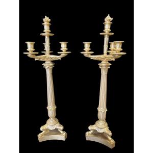 Pair Of Large Bronze Candelabra (71 Cm) In The Empire Style, 19th Century.
