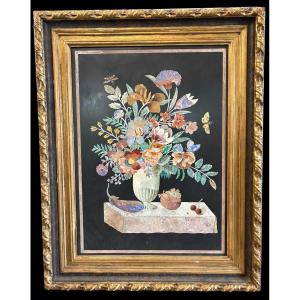Painting, "still Life With Flowers" In Scagliola, 19th Century