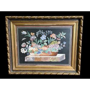 Painting, "still Life With Flowers" In Scagliola, 19th Century