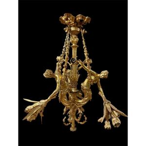 Pair Of Large Gilt Bronze Mythological 3-woman Chandeliers From The 20th Century.