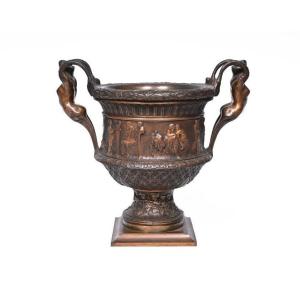 Large Brown Patinated Bronze "médicis" Vase With A Bacchus Procession 19thc.