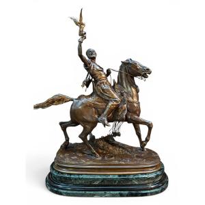 Large Bronze Sculpture "the Arab Falconer On Horseback," 19th Century.