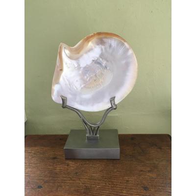 Large Mother Of Pearl Shell Mounted On A Beautiful Pedestal.