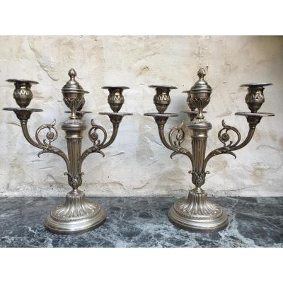 Pair Of Candelabra Louis XVI Silvered Bronze 19thc.