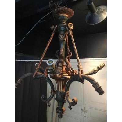 Decorative Chandelier Carved Wood With Fish Begin 20thc.