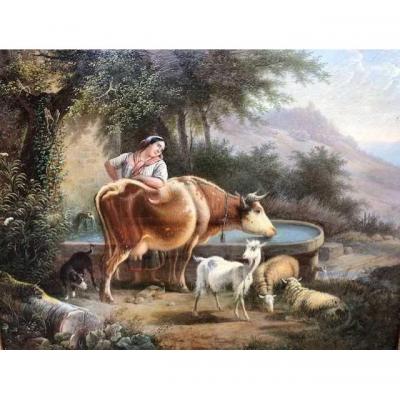 Small Painting "woman With Animals" In Gilt Frame 19thc.
