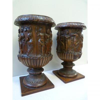 A Paire Of 19th Century Fine Carved Walnut "medici"vases.