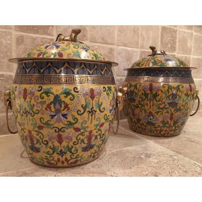 Pair Of Cover Pots 20thc. Cloisonné Enamel