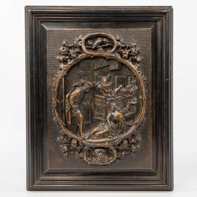Ebony Wood Box With Carved Panel Representing A Romantic Scene 19thc.