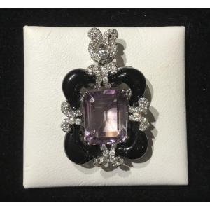 Art Deco Pendant, Gold, Onyx And Diamonds