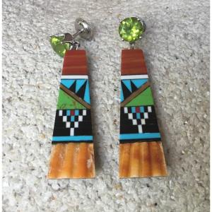Earrings, Gold, Peridot And Mosaic