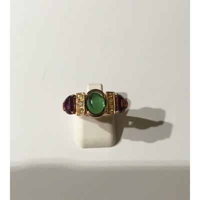 Gold Ring, Tourmaline, Yellow Sapphires And Rubellites