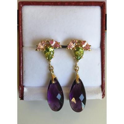 Gold Earrings, Morganites, Peridots And Amethysts