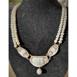 Cameo, Pearl And Vermeil Necklace