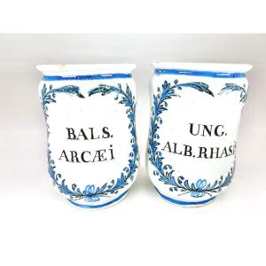 Rouen 18th Century - Apothecary - Pair Of Canon Jars 