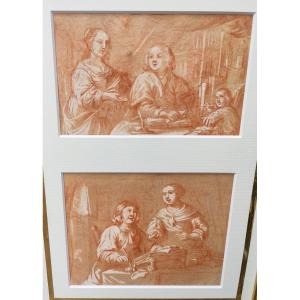 Jan Verkolje XVIIeme- Double Portrait Drawing