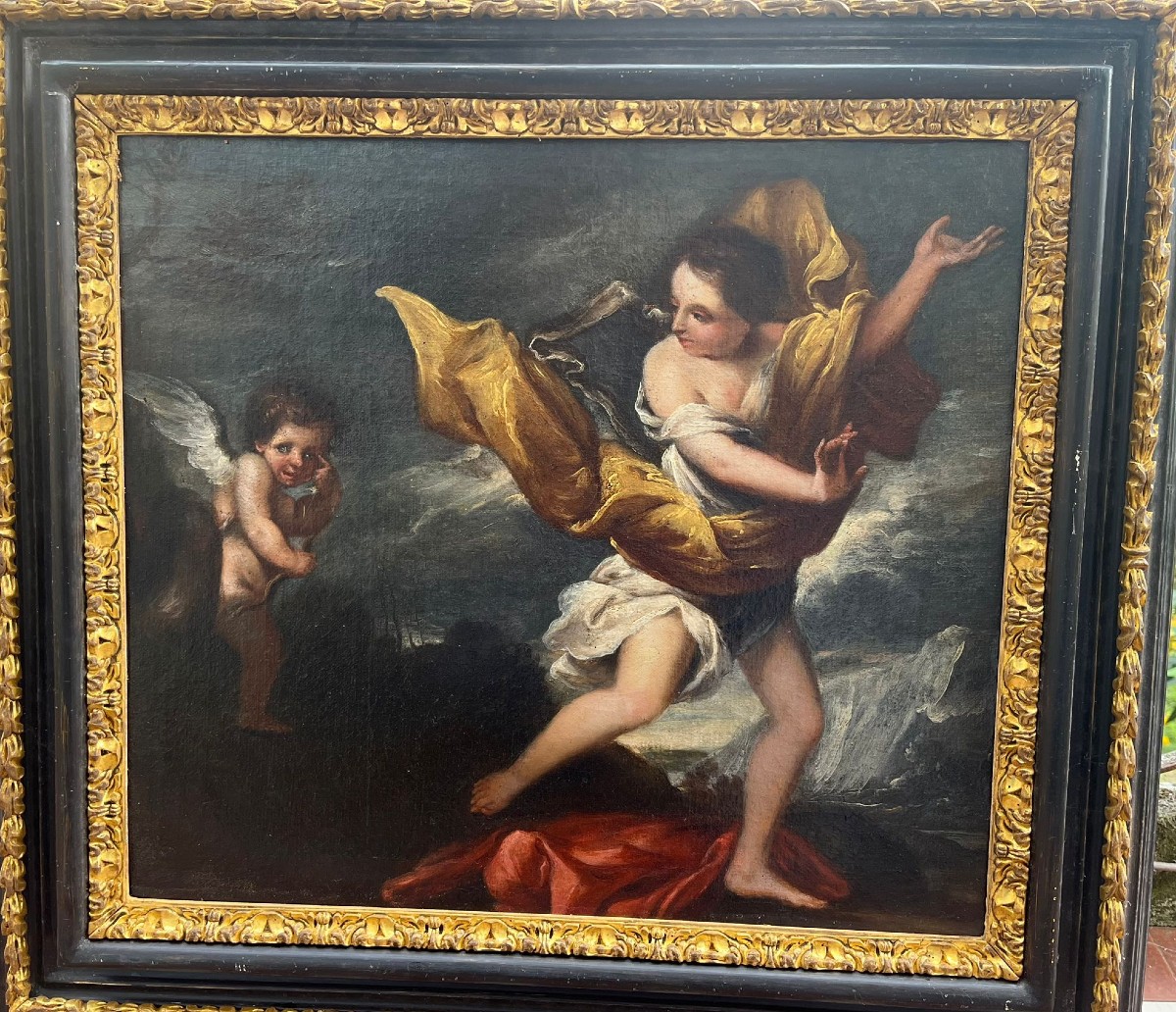 Olio su tela, Agar e l'Angelo, cm  58 x 49 , fine del XVII secolo, ottimo stato conservativo 