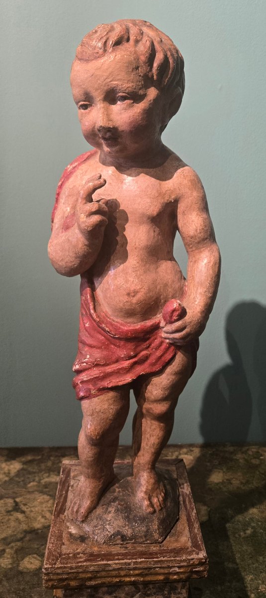 Scultura in legno laccato e dipinto, XVII secolo, San Giovannino, buono stato conservativo 