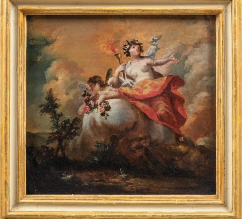Coppia di dipinti ad olio su tavola, primi 700, soggetti mitologici att. G.B. Crosato