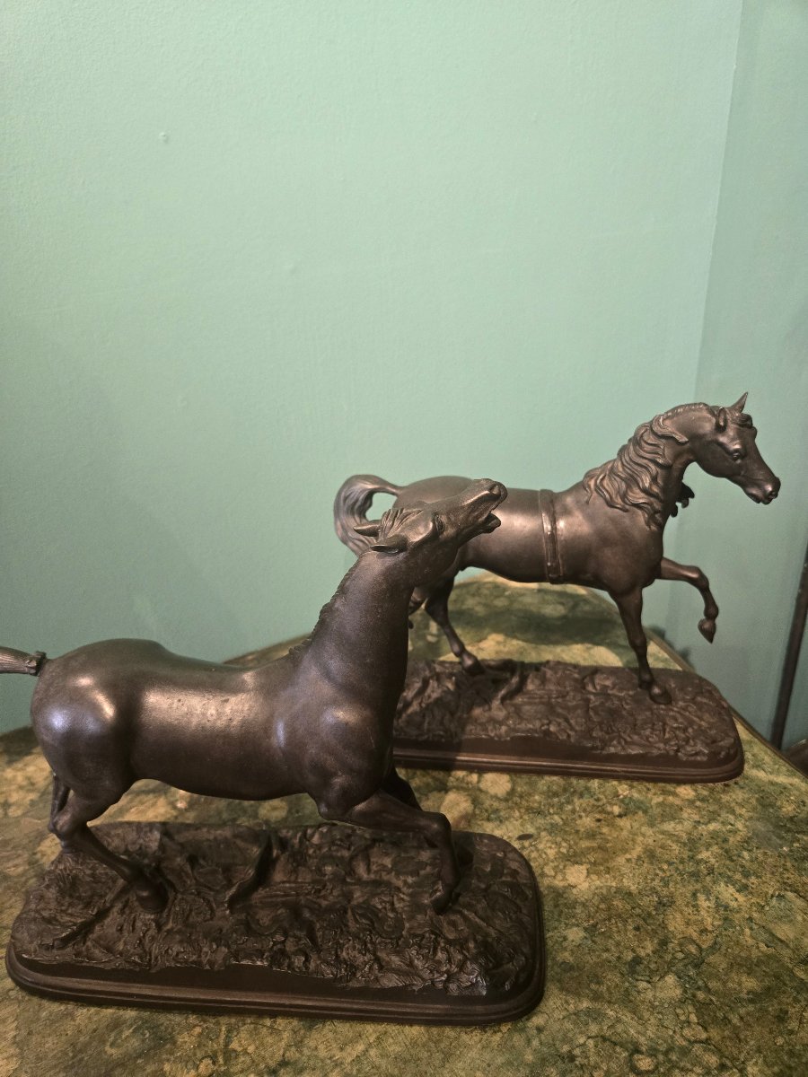 Coppia di cavalli in bronzo a patina scura, seconda metà del XIX secolo, buono stato 