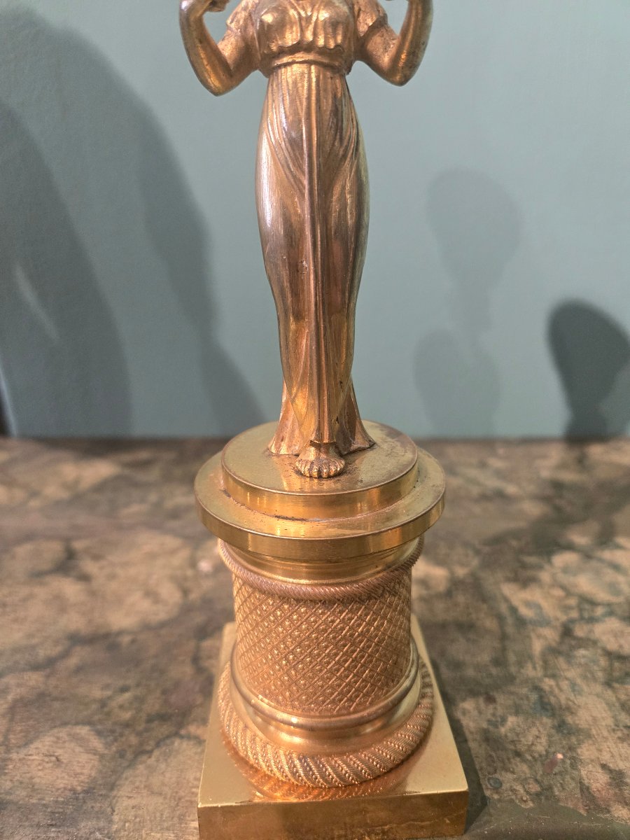 Coppia di candelieri in bronzo dorato h 34 " figure femminili, epoca 1820 circa-photo-2