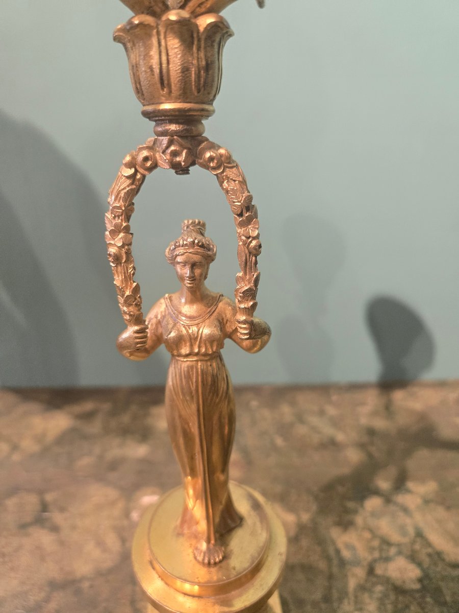 Coppia di candelieri in bronzo dorato h 34 " figure femminili, epoca 1820 circa-photo-3