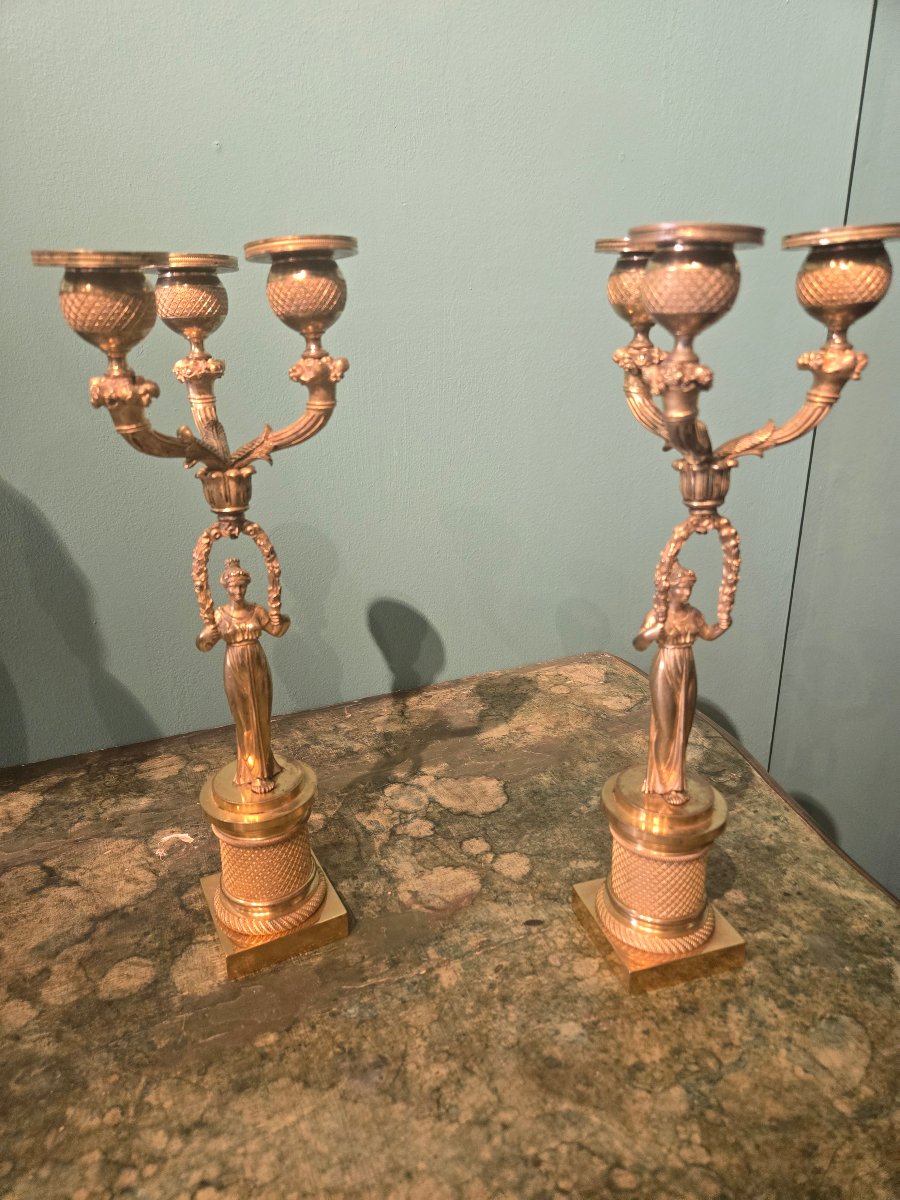 Coppia di candelieri in bronzo dorato h 34 " figure femminili, epoca 1820 circa-photo-5