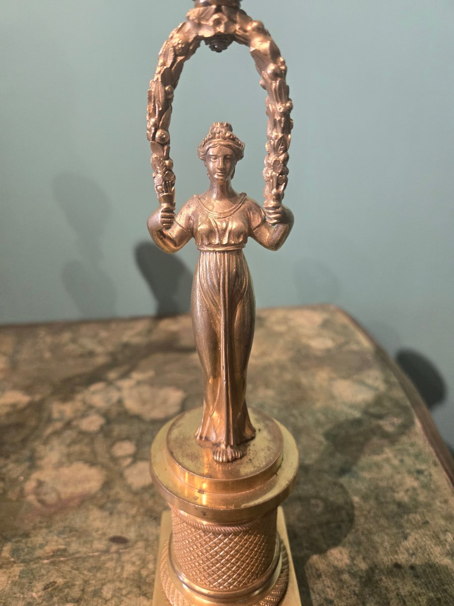 Coppia di candelieri in bronzo dorato h 34 " figure femminili, epoca 1820 circa-photo-6
