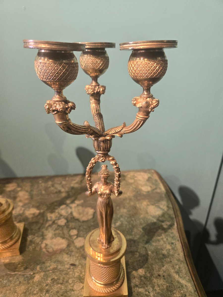 Coppia di candelieri in bronzo dorato h 34 " figure femminili, epoca 1820 circa-photo-7