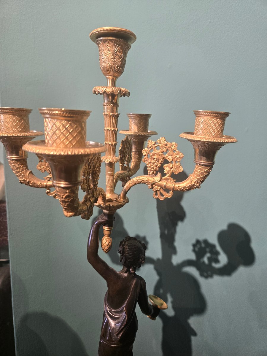 Coppia di bellissimi candelabri a 5 fiamme in bronzo Brunito e dorato epoca impero -photo-2