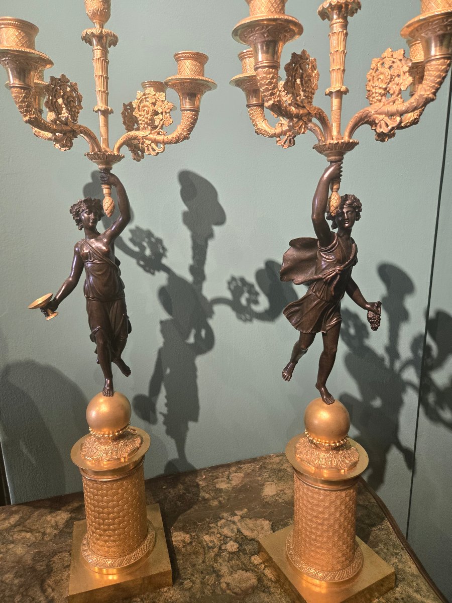 Coppia di bellissimi candelabri a 5 fiamme in bronzo Brunito e dorato epoca impero -photo-3
