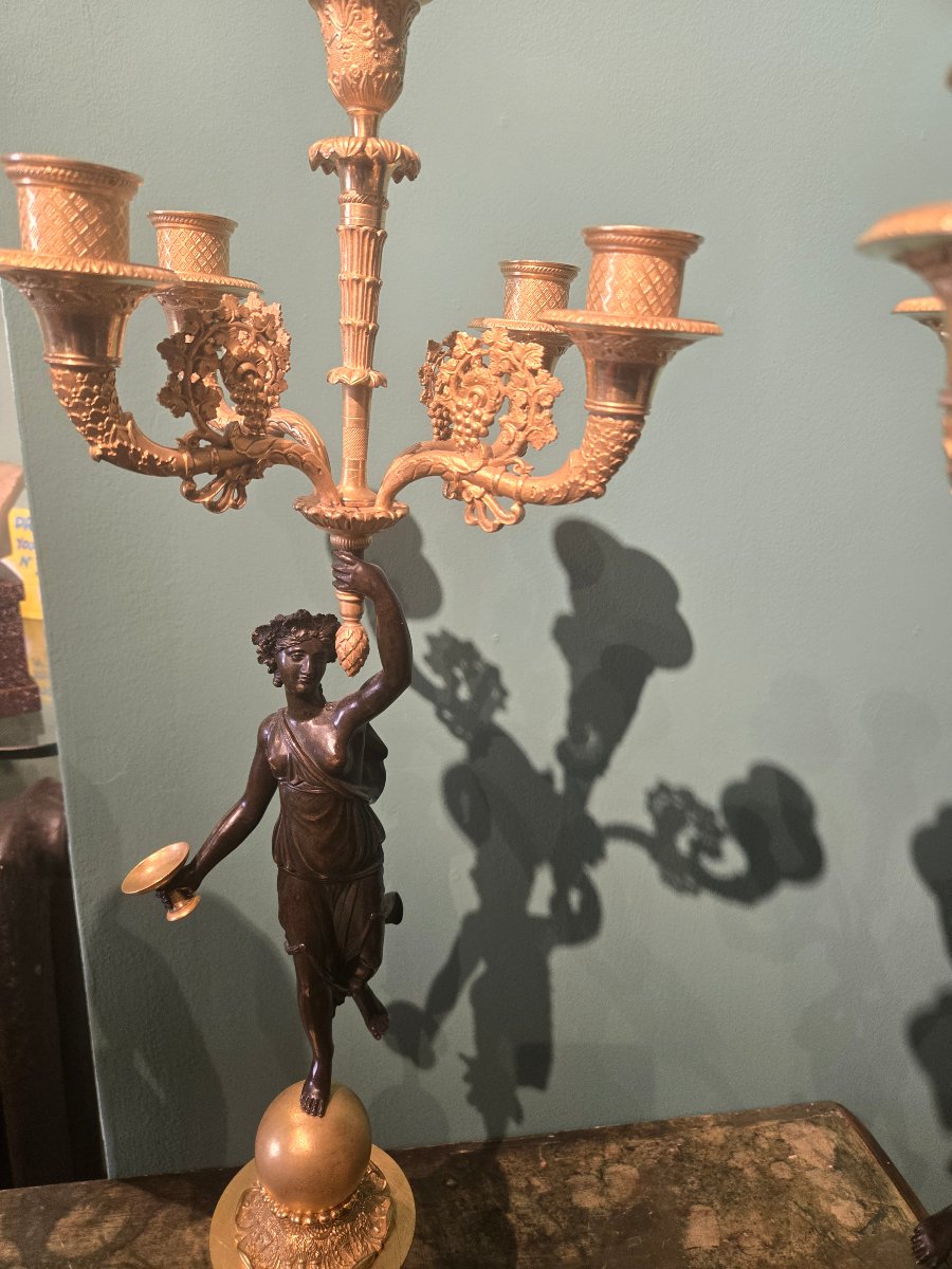 Coppia di bellissimi candelabri a 5 fiamme in bronzo Brunito e dorato epoca impero -photo-1