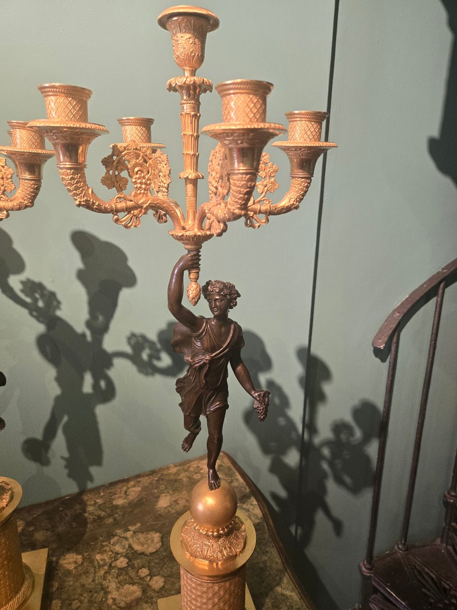 Coppia di bellissimi candelabri a 5 fiamme in bronzo Brunito e dorato epoca impero -photo-7