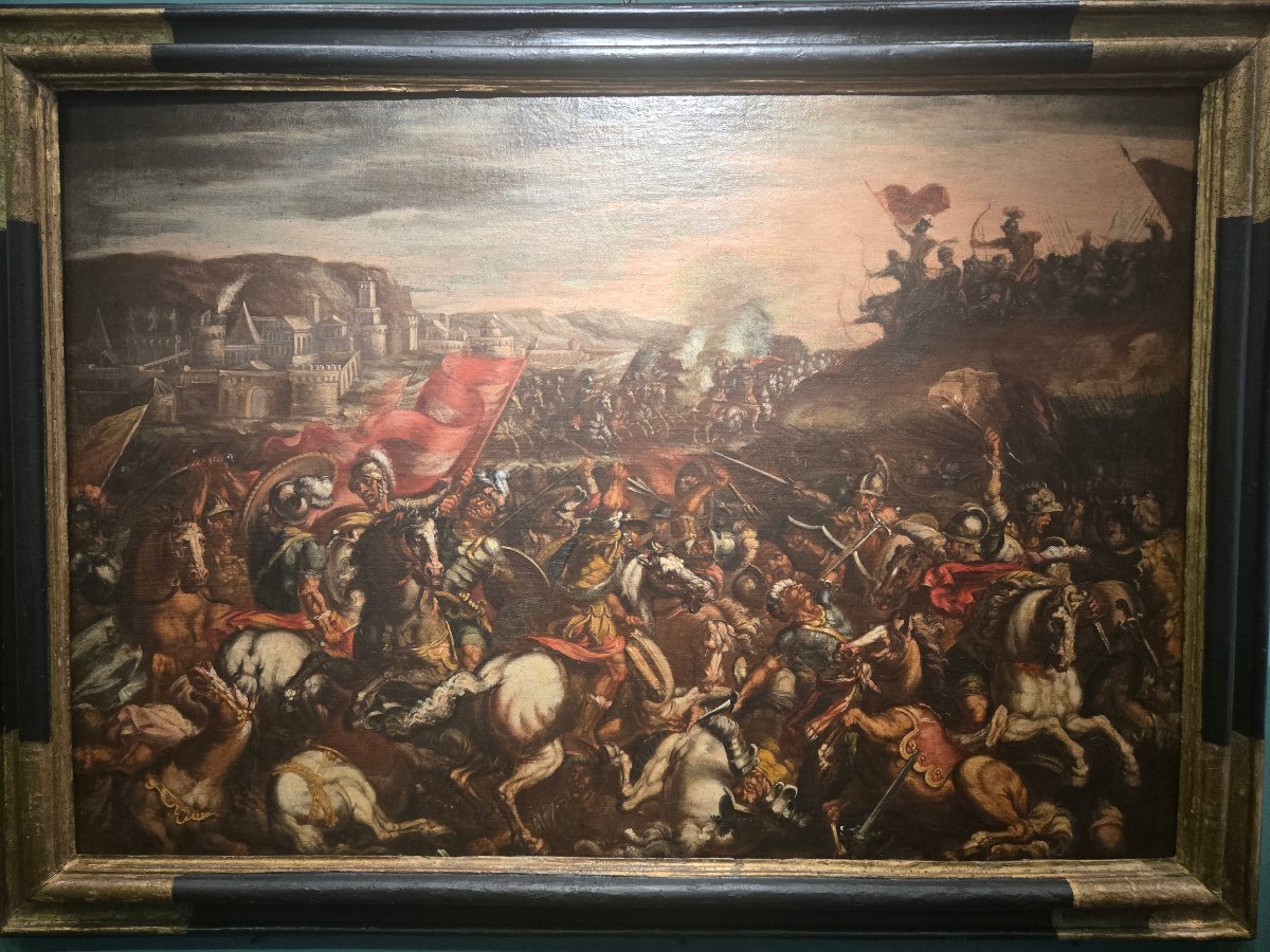 Olio su tela, scena di battaglia, 88 x 130 cm , att.to Matteo Stom , expertise -photo-1