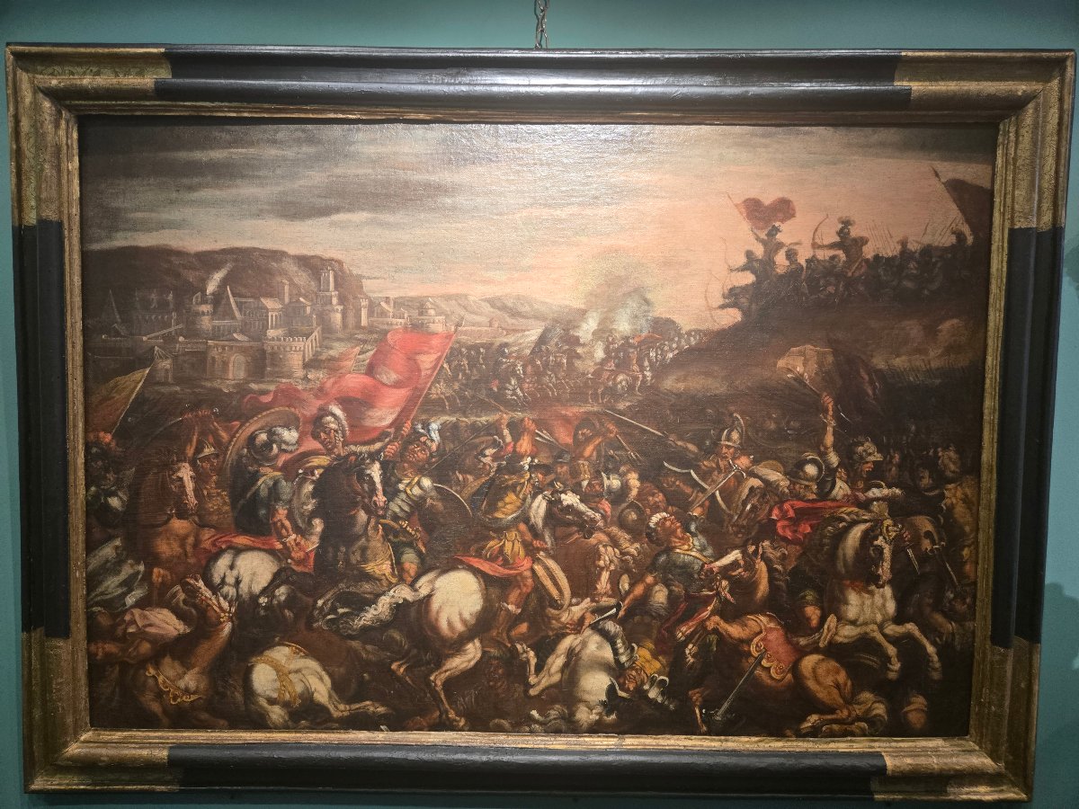 Olio su tela, scena di battaglia, 88 x 130 cm , att.to Matteo Stom , expertise 