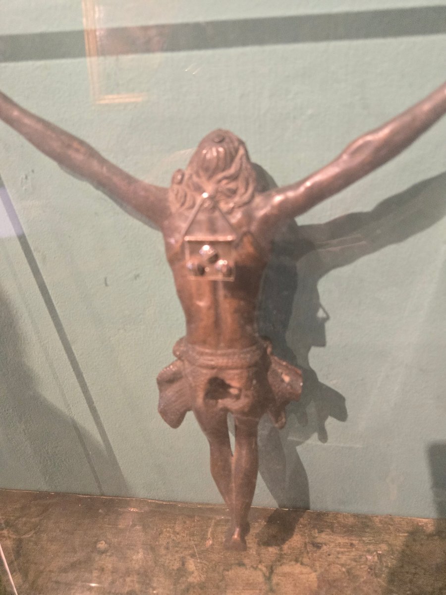 Figura di Cristo in bronzo, cm 28 x 20, montato su pannello di pexiglass, buono stato, fine 700-photo-3
