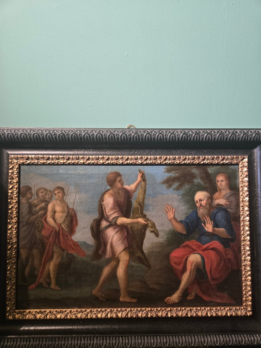 Coppia di dipinti ad olio su tela, scene bibliche, XVIII secolo, buono stato  47 x 32 
