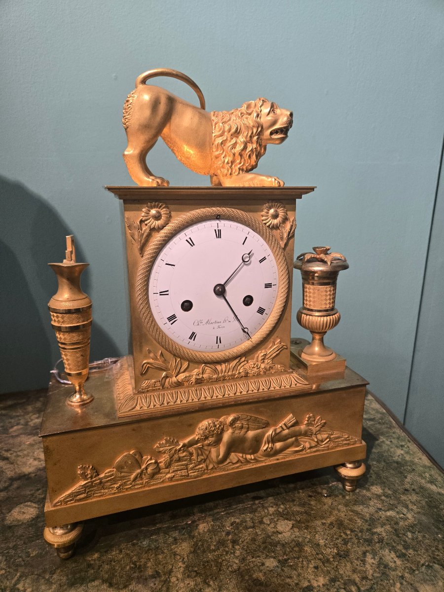 Orologio da tavolo in bronzo dorato, 1820 circa, quadrante porcellana Martina Torino, buono sta-photo-2